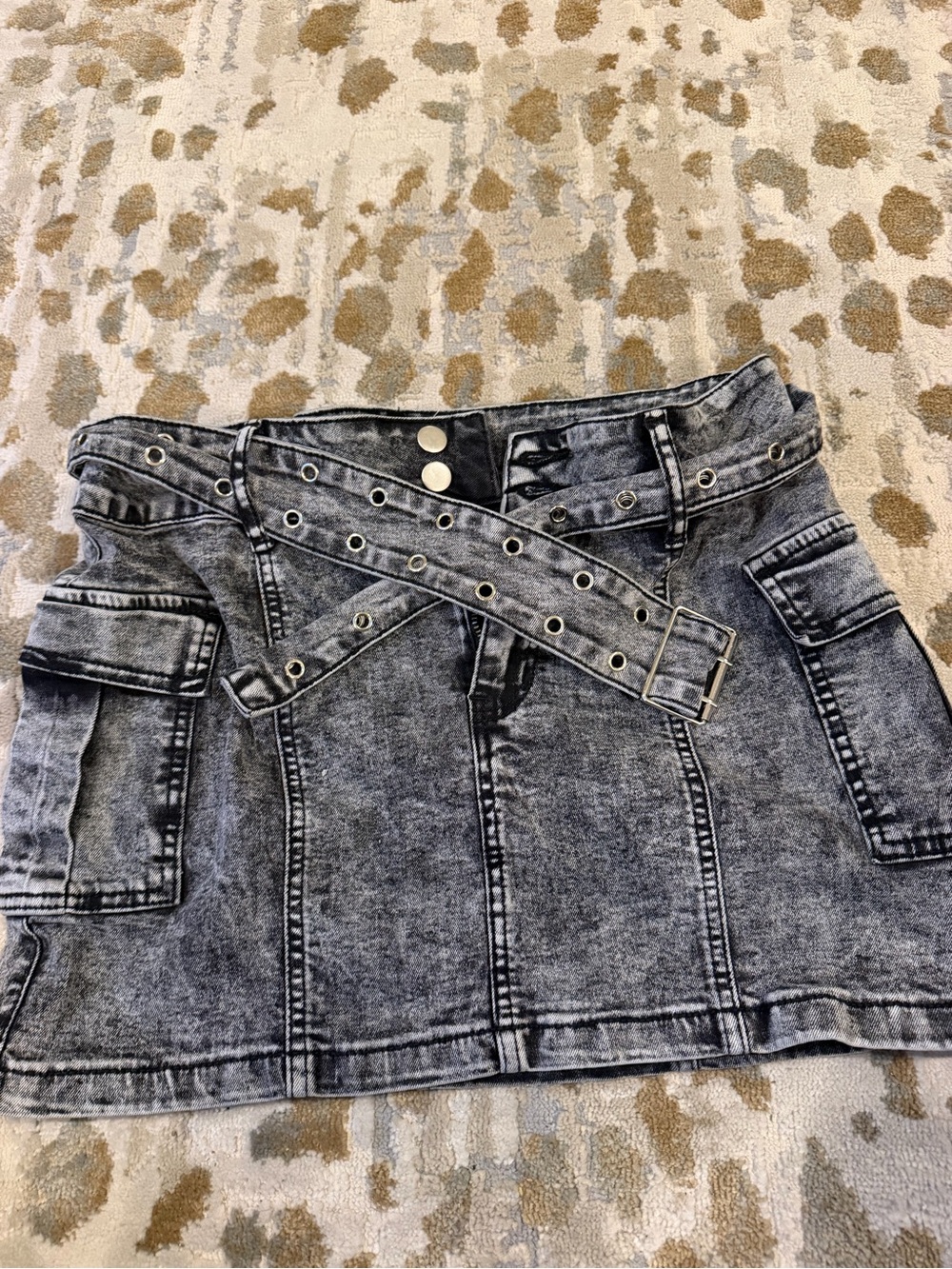 Acid Wash Denim Mini Skirt with Studded Belt